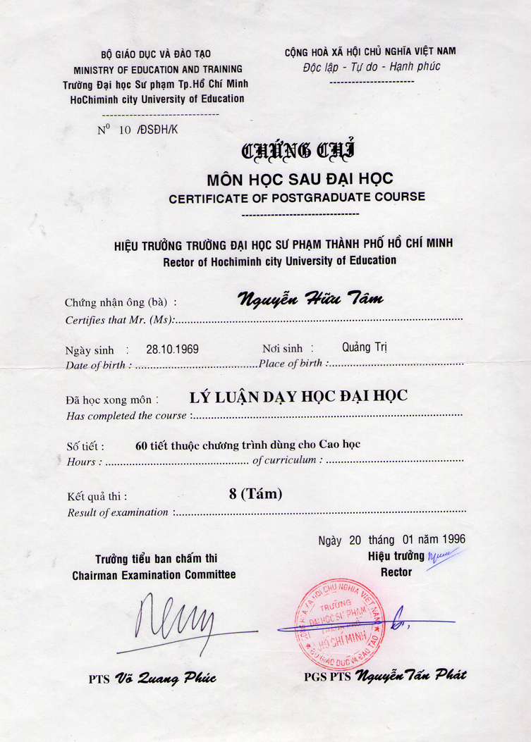 Certificate of Postgraduate course